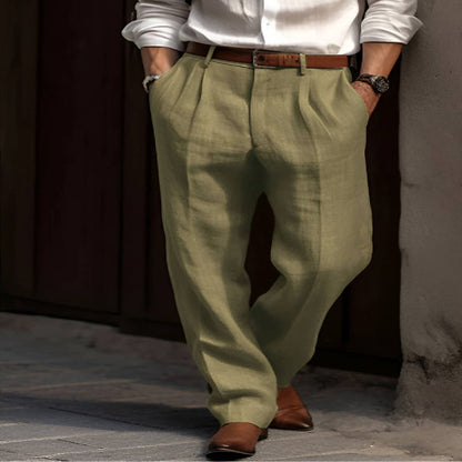 Men's Pleated Linen Blend Pants with Elastic Waist and Reinforced Crotch