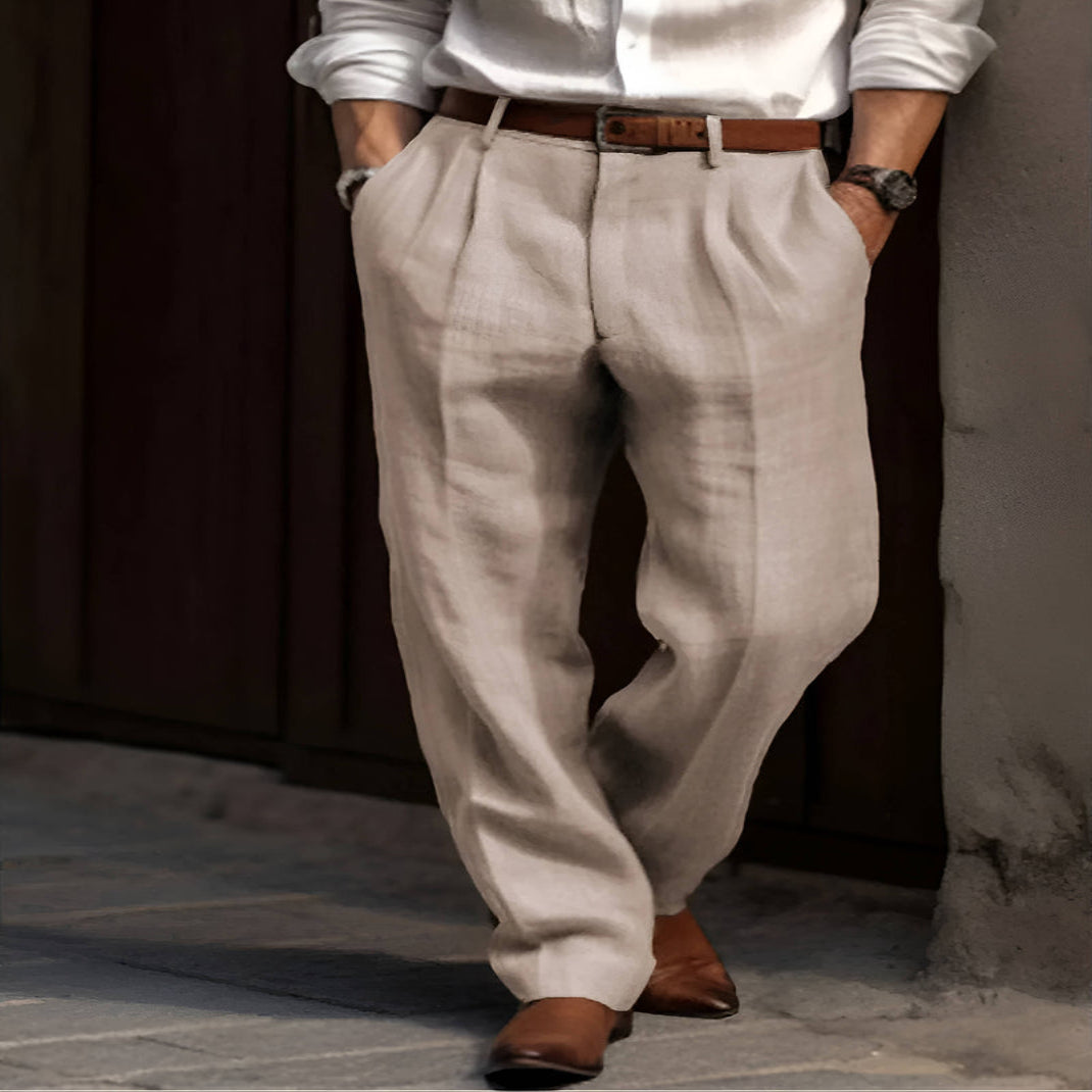 Men's Pleated Linen Blend Pants with Elastic Waist and Reinforced Crotch