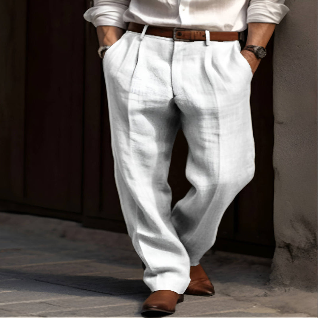 Men's Pleated Linen Blend Pants with Elastic Waist and Reinforced Crotch