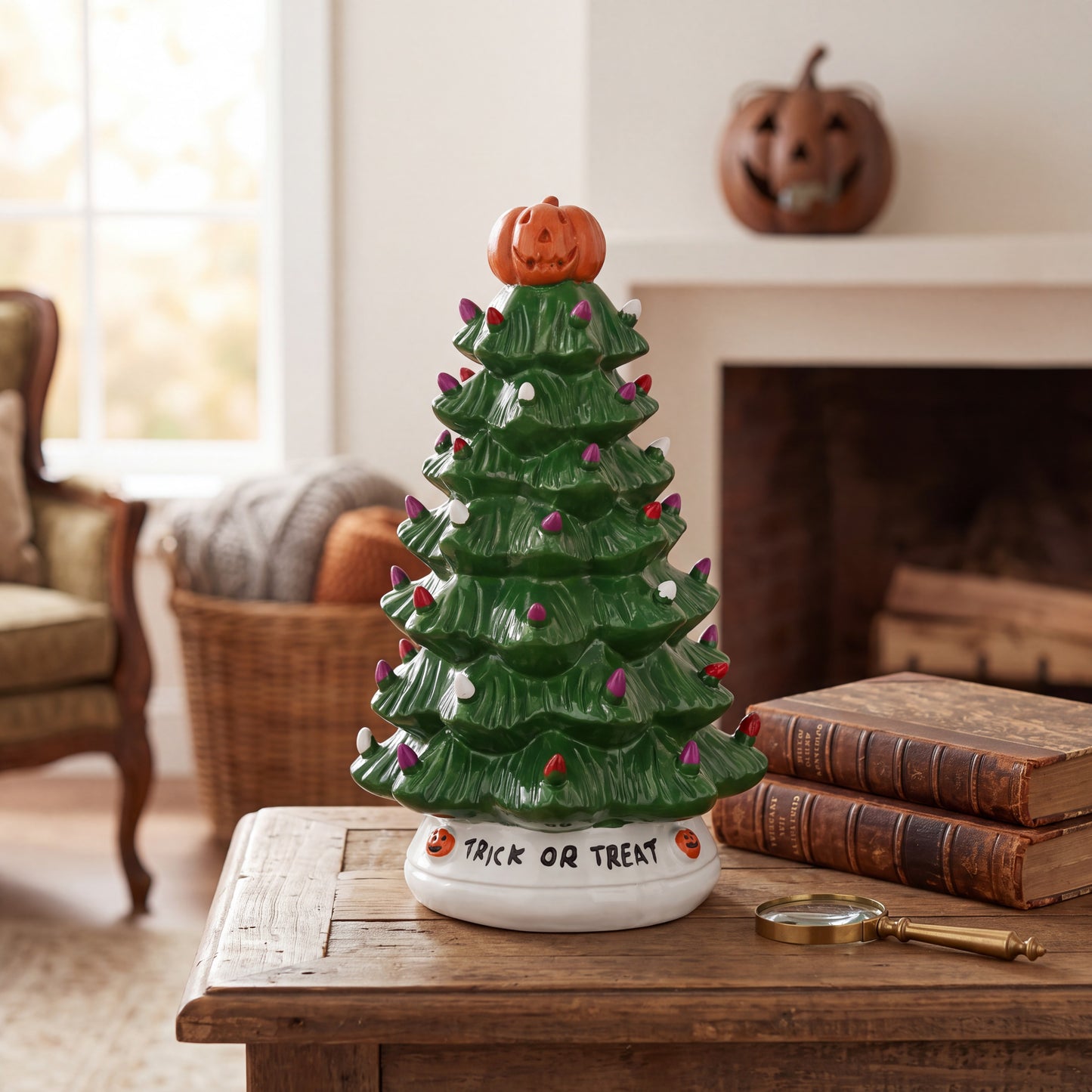 LED Ceramic Tree with Purple and Orange Beads, Battery-Powered Holiday Decor