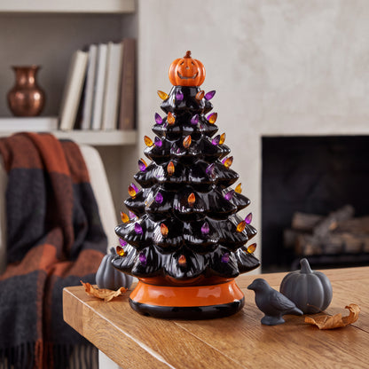 LED Ceramic Tree with Purple and Orange Beads, Battery-Powered Holiday Decor