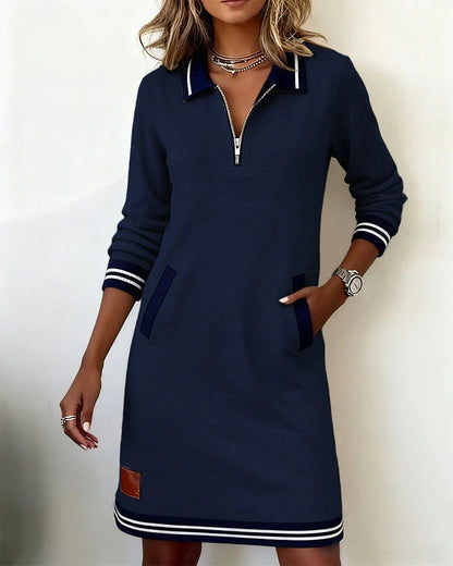 Long Sleeve Lapel Collar Dress with Front Zipper and Side Pockets, Cotton Blend