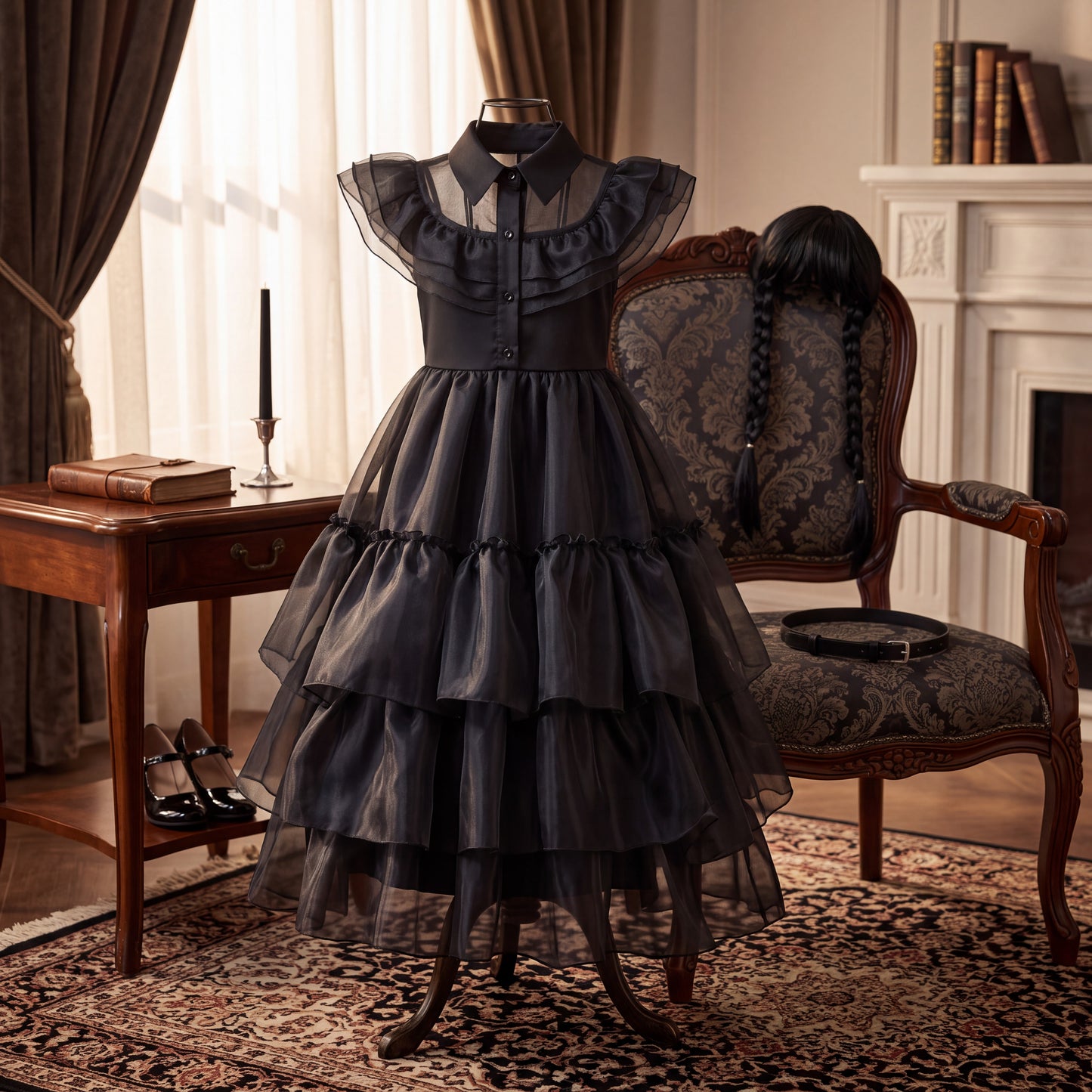 Girls Gothic Layered Cake Gown with Mesh Cutout Details and Mid Calf Length