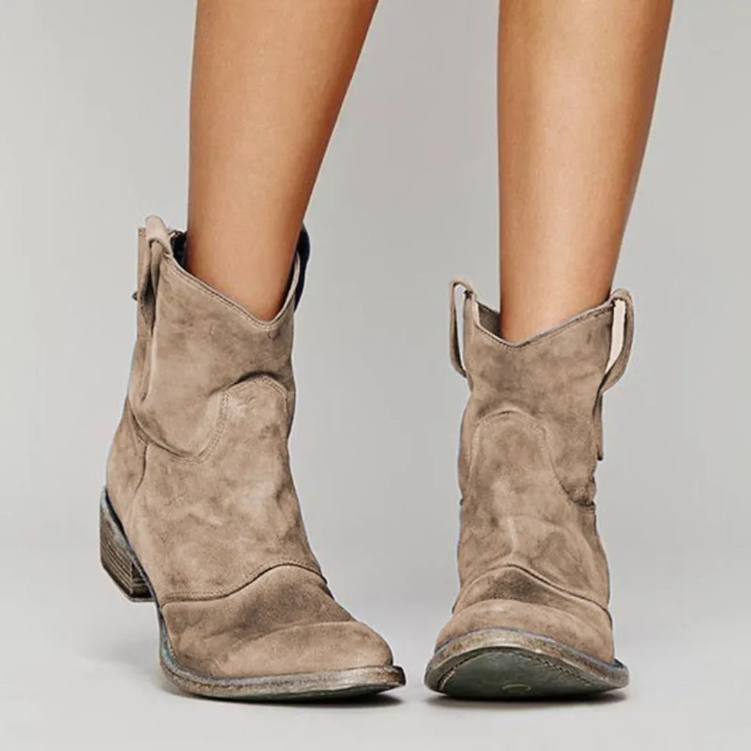 Ladies Western Booties with Chunky Low Heel, Round Toe and Side Tug Straps