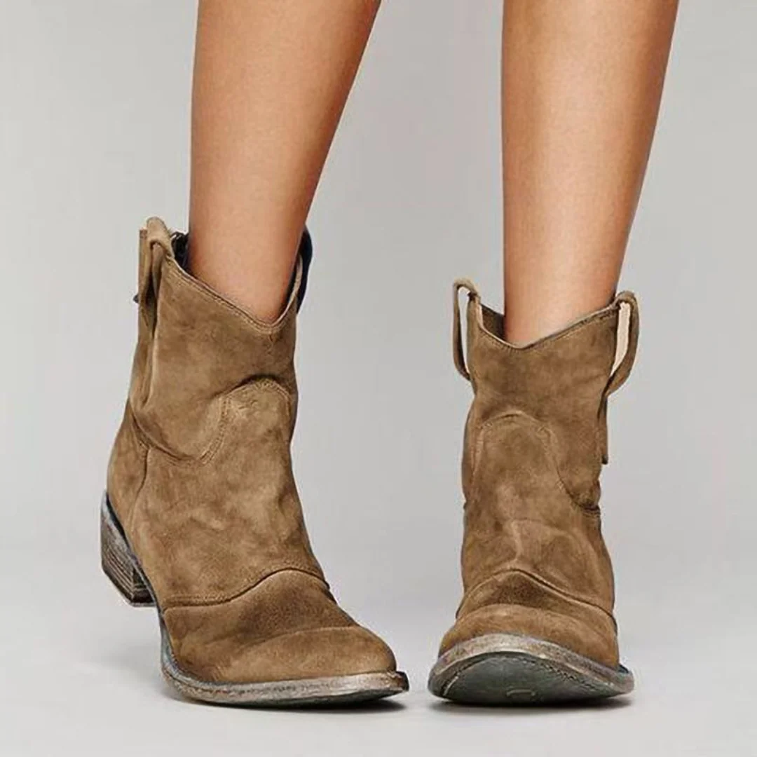 Ladies Western Booties with Chunky Low Heel, Round Toe and Side Tug Straps