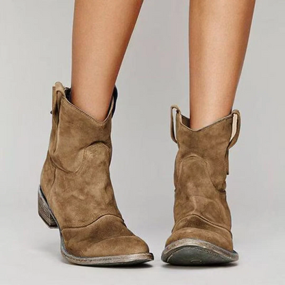 Ladies Western Booties with Chunky Low Heel, Round Toe and Side Tug Straps