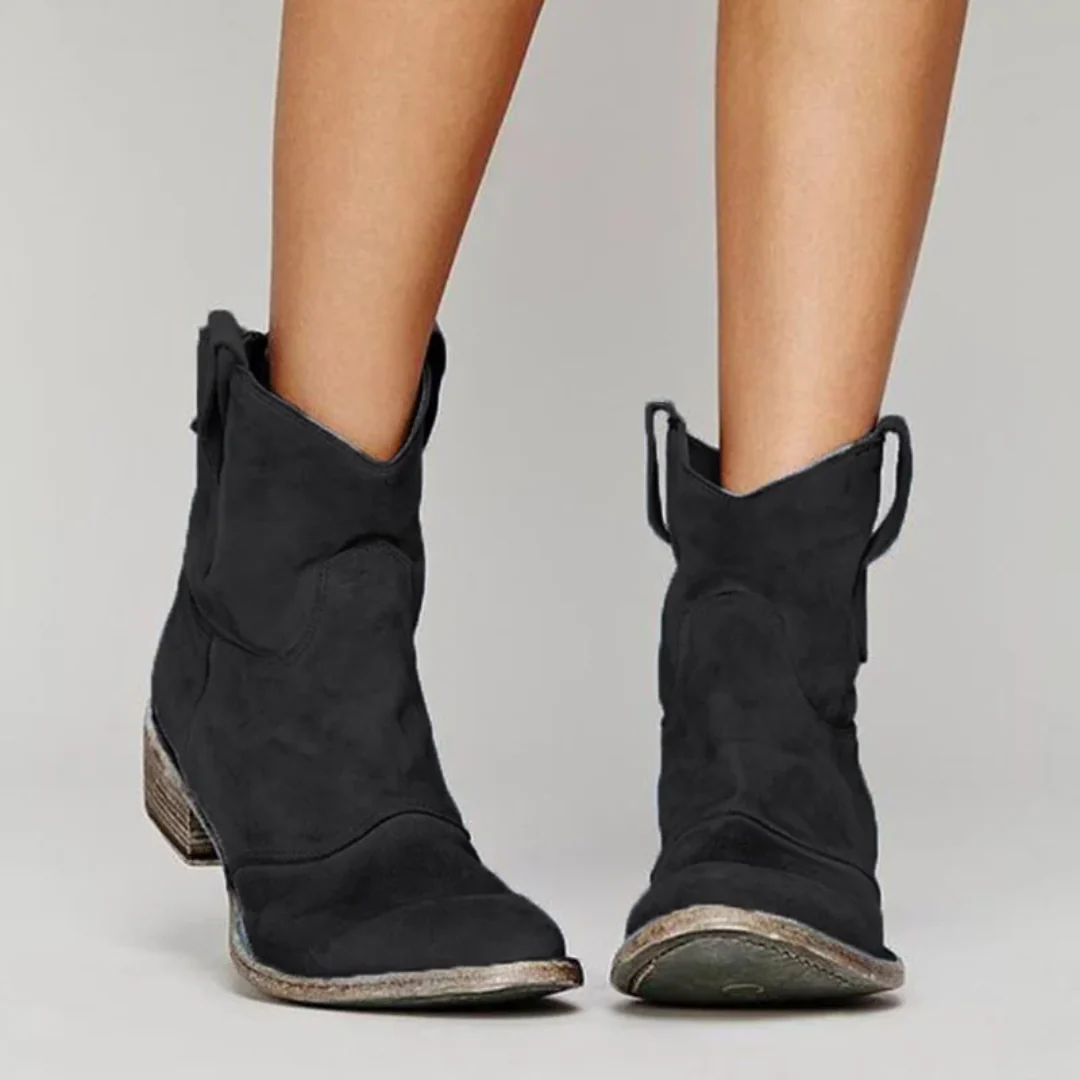 Ladies Western Booties with Chunky Low Heel, Round Toe and Side Tug Straps