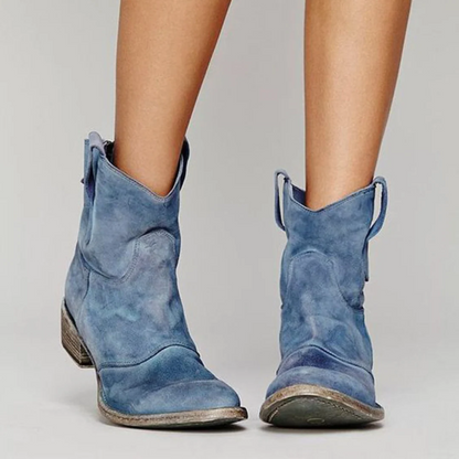 Ladies Western Booties with Chunky Low Heel, Round Toe and Side Tug Straps