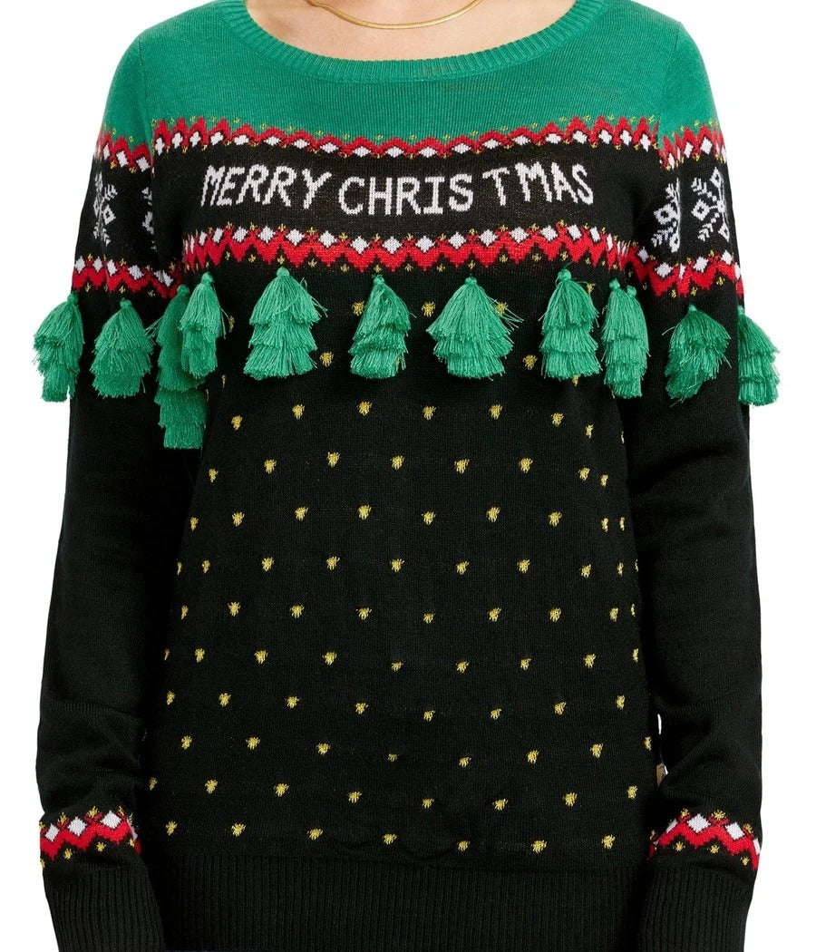 Womens Plus Size Tassel Christmas Tree Sweater in Festive Green and Red Knit