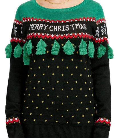 Womens Plus Size Tassel Christmas Tree Sweater in Festive Green and Red Knit