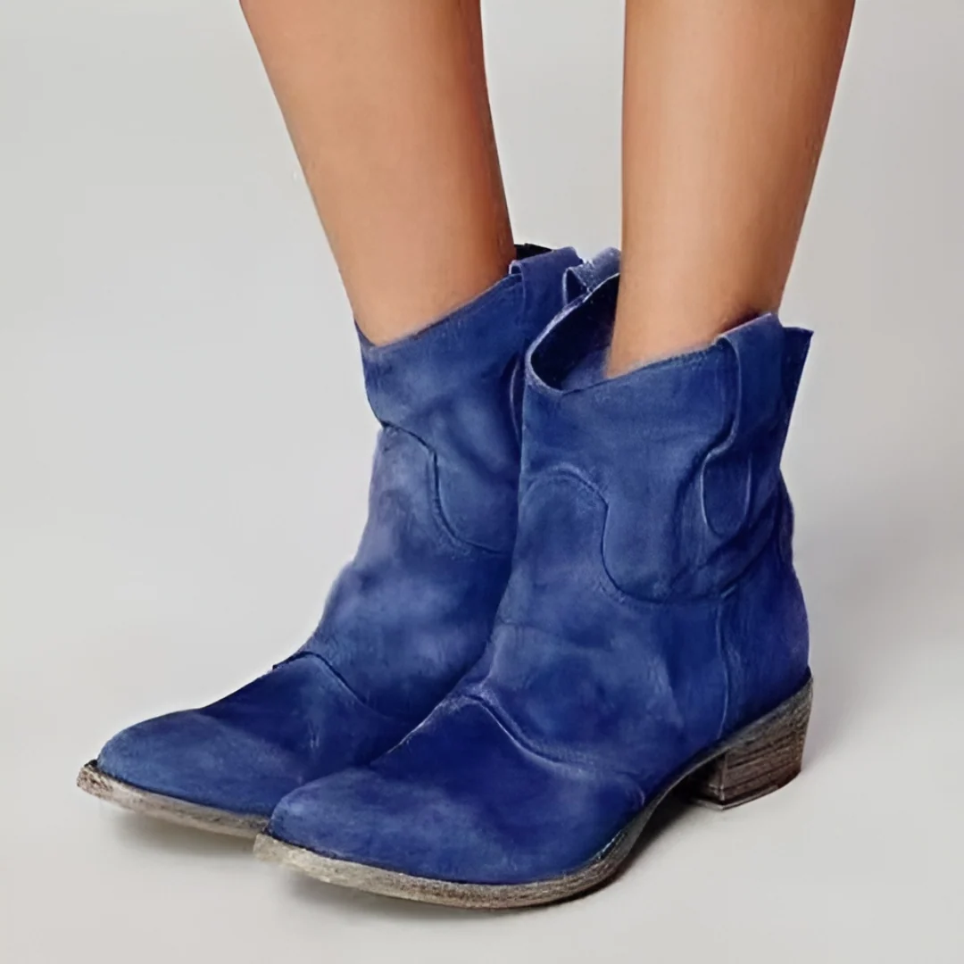 Ladies Western Booties with Chunky Low Heel, Round Toe and Side Tug Straps