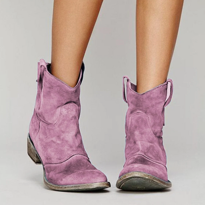 Ladies Western Booties with Chunky Low Heel, Round Toe and Side Tug Straps