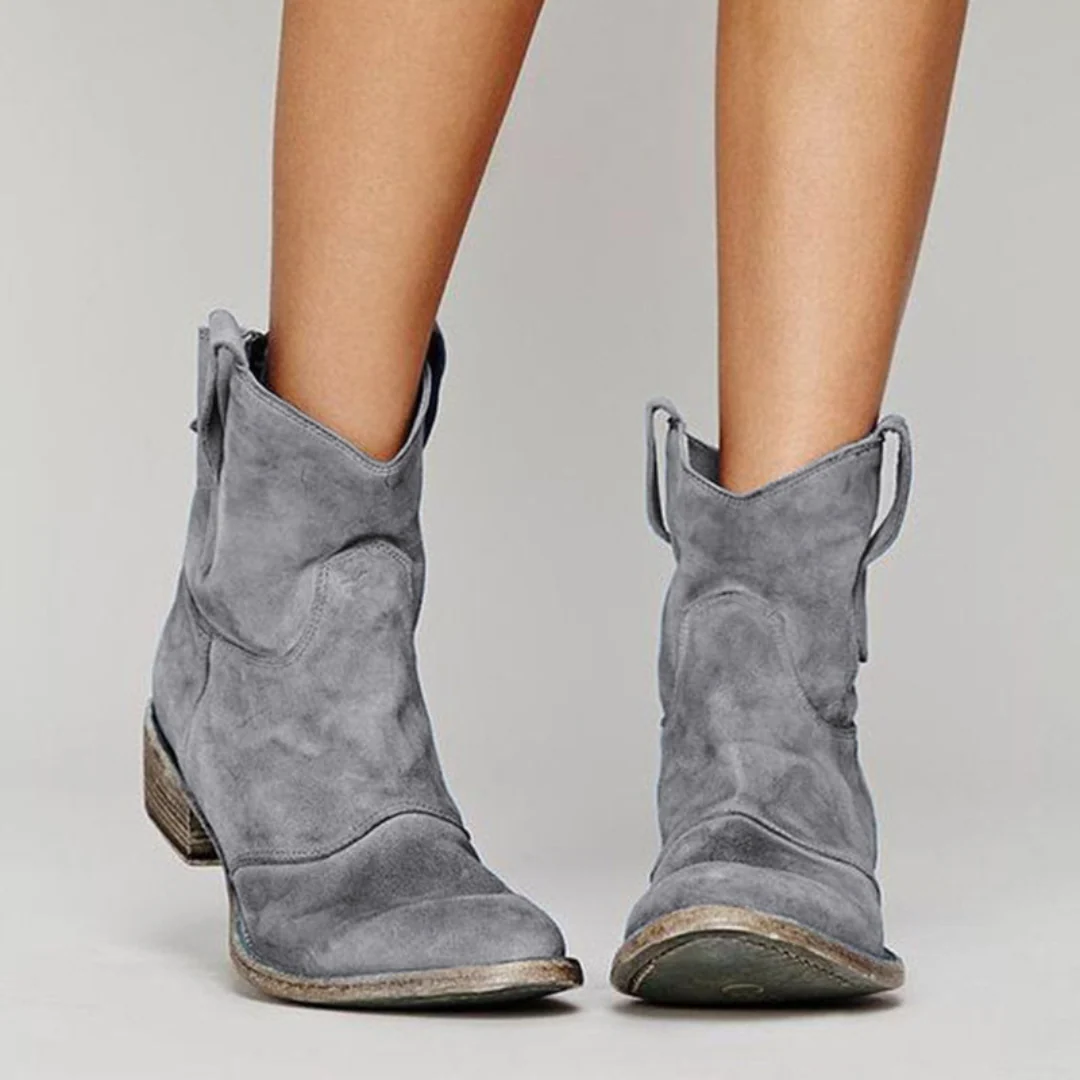 Ladies Western Booties with Chunky Low Heel, Round Toe and Side Tug Straps