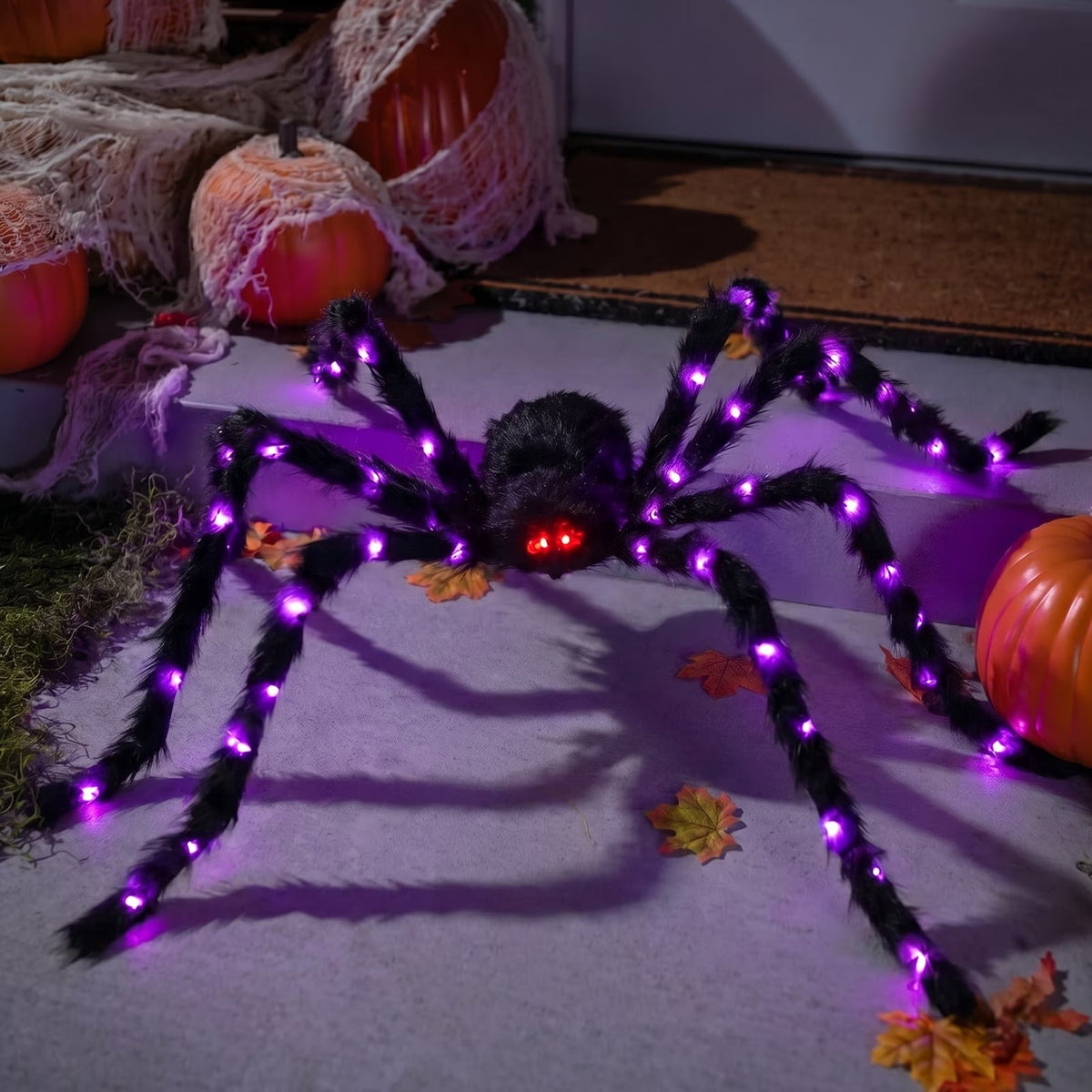 Giant Five Foot Spider Prop with Glowing LED Legs and Posable Furry Body in Purple Or Orange