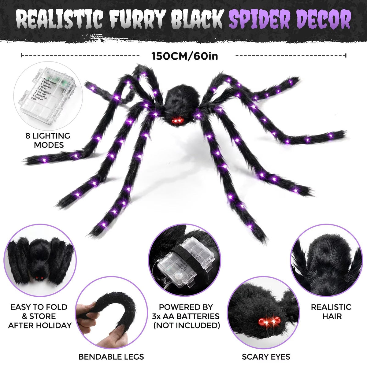 Giant Five Foot Spider Prop with Glowing LED Legs and Posable Furry Body in Purple Or Orange