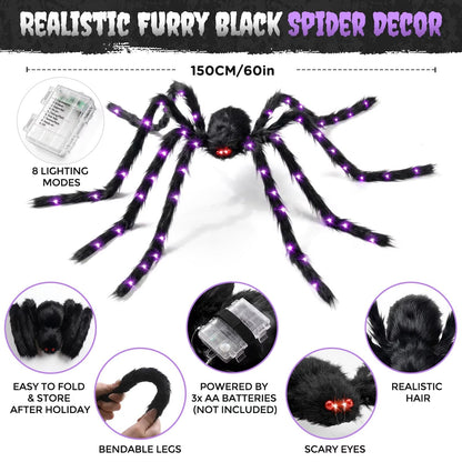 Giant Five Foot Spider Prop with Glowing LED Legs and Posable Furry Body in Purple Or Orange