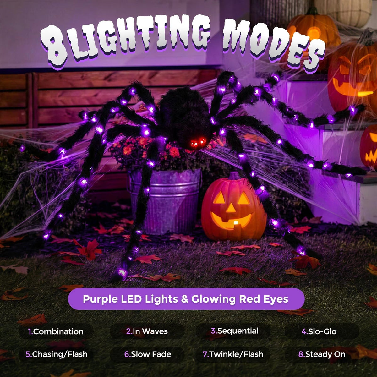 Giant Five Foot Spider Prop with Glowing LED Legs and Posable Furry Body in Purple Or Orange