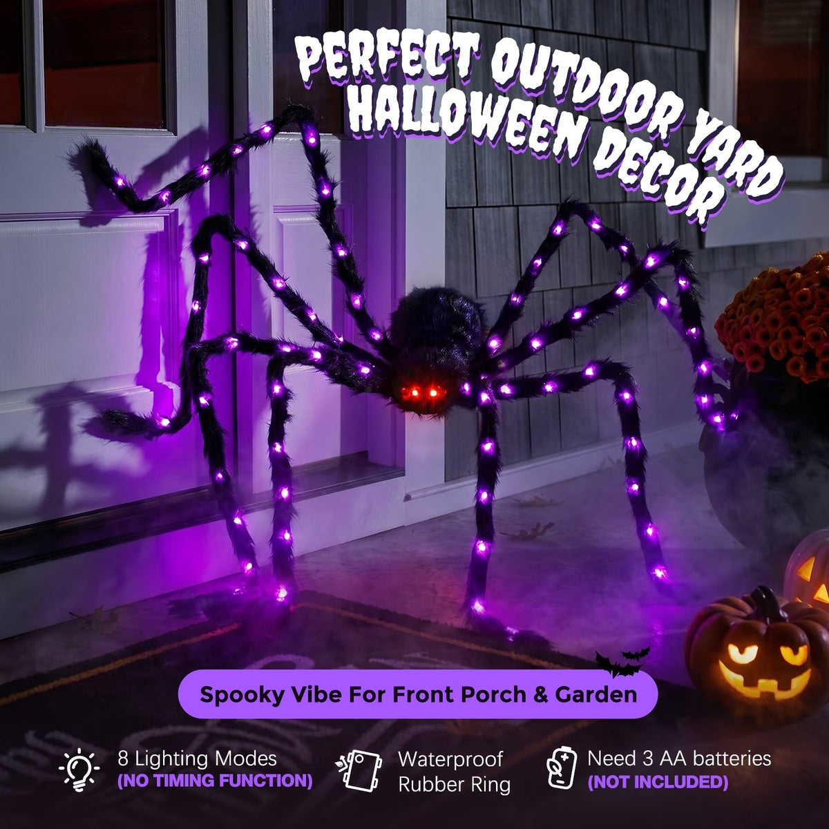 Giant Five Foot Spider Prop with Glowing LED Legs and Posable Furry Body in Purple Or Orange