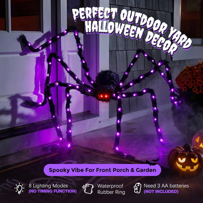 Giant Five Foot Spider Prop with Glowing LED Legs and Posable Furry Body in Purple Or Orange