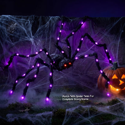 Giant Five Foot Spider Prop with Glowing LED Legs and Posable Furry Body in Purple Or Orange