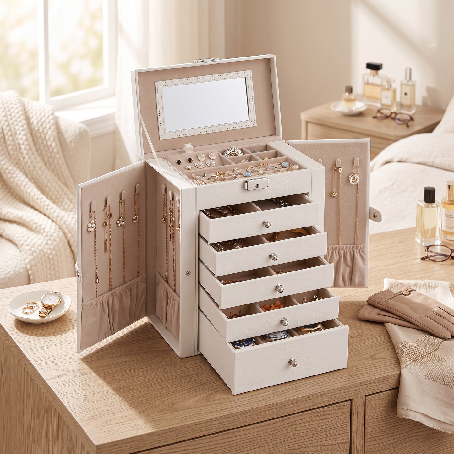 Multi-Level Jewelry Organizer with Mirror and Locking Mechanism