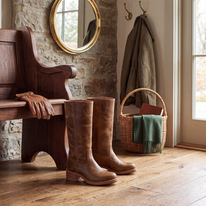 Mid Calf Boots with Block Heel and Closed Toe, Pull On Entry