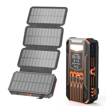 48000mAh Solar Power Bank Wireless Charger, 15W Fast Charging Battery Pack with 4 Built in Cables 7 Outputs USB C Flashlight