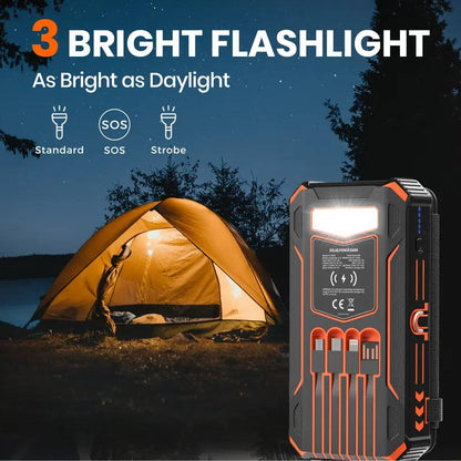 48000mAh Solar Power Bank Wireless Charger, 15W Fast Charging Battery Pack with 4 Built in Cables 7 Outputs USB C Flashlight
