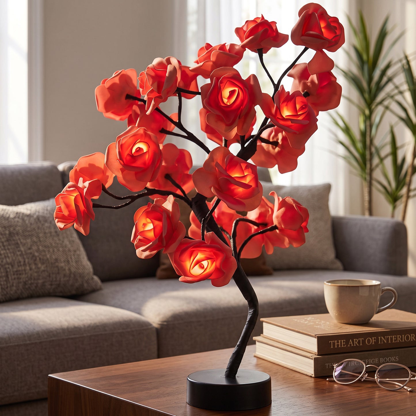 Rose Shaped Table Lamp with LED Warm Glow and Metal Stem, Four Color Options