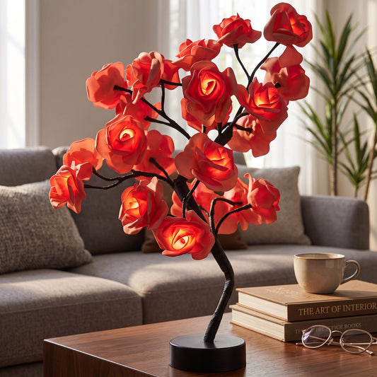 Rose Shaped Table Lamp with LED Warm Glow and Metal Stem, Four Color Options