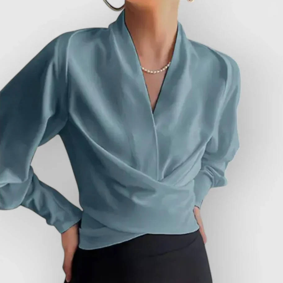 Long Sleeve Silk Blouse with V Neck for Work Or Evening