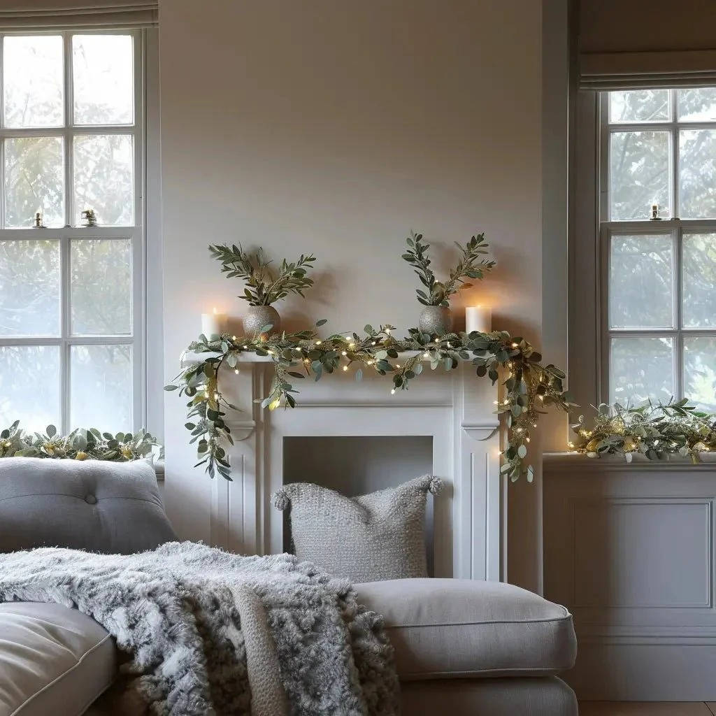 Enchanted Olive Glow Garland, Eucalyptus Fairy Light Mantel Decoration for Fireplace & Holiday Decor