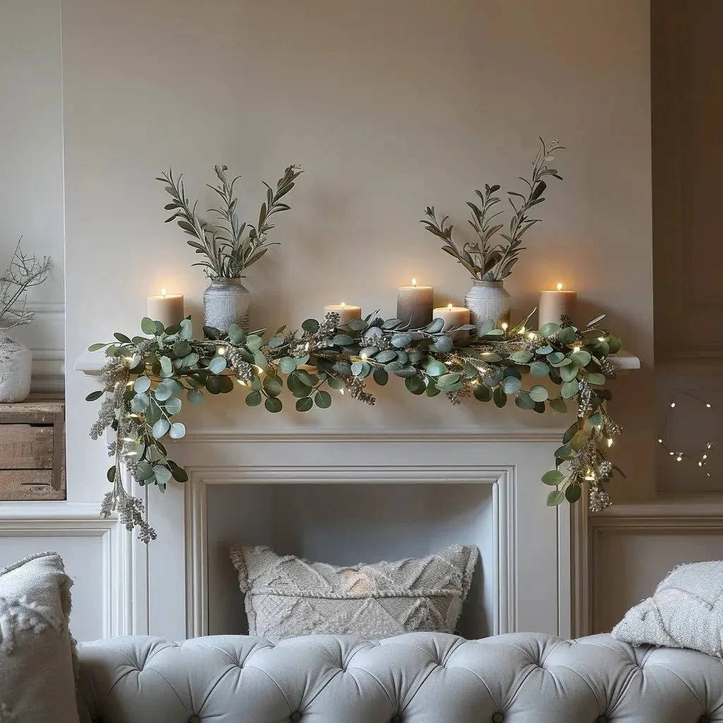 Enchanted Olive Glow Garland, Eucalyptus Fairy Light Mantel Decoration for Fireplace & Holiday Decor