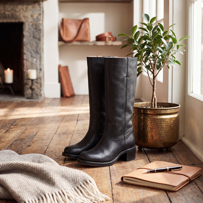 Mid Calf Boots with Block Heel and Closed Toe, Pull On Entry
