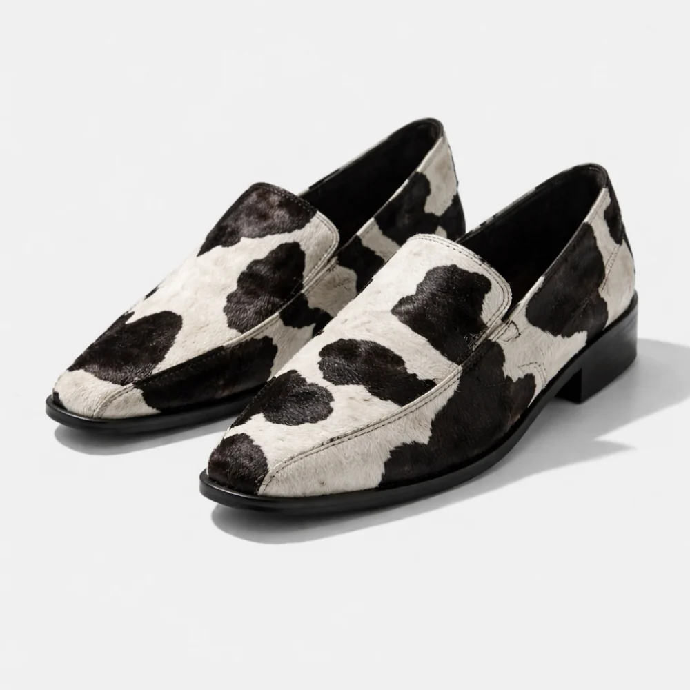 Womens Cow Print Loafers with Pointed Toe and Slip On Design