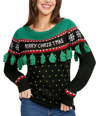 Womens Plus Size Tassel Christmas Tree Sweater in Festive Green and Red Knit