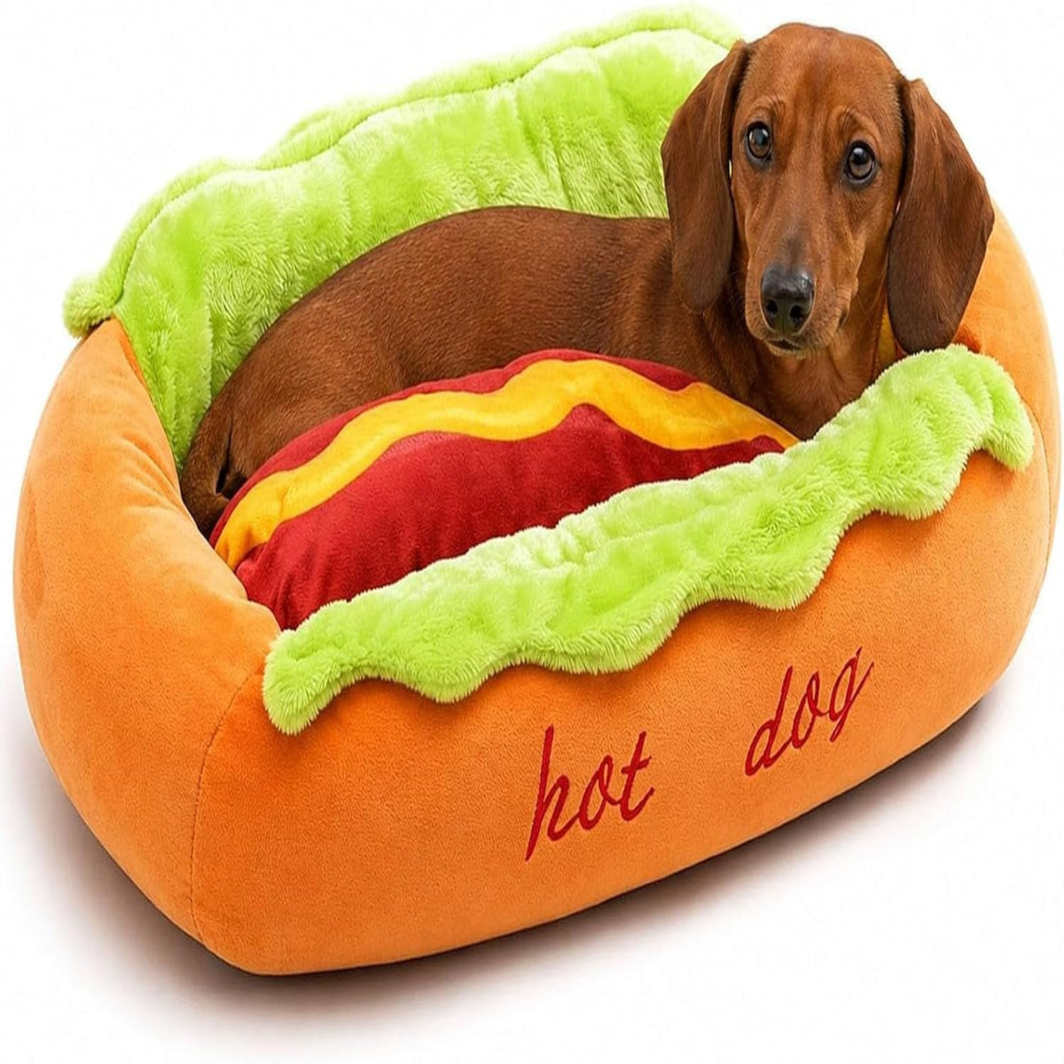 Dog Hot Dog Bed with Removable Plush Cushion and Raised Sides, Anti Slip Base