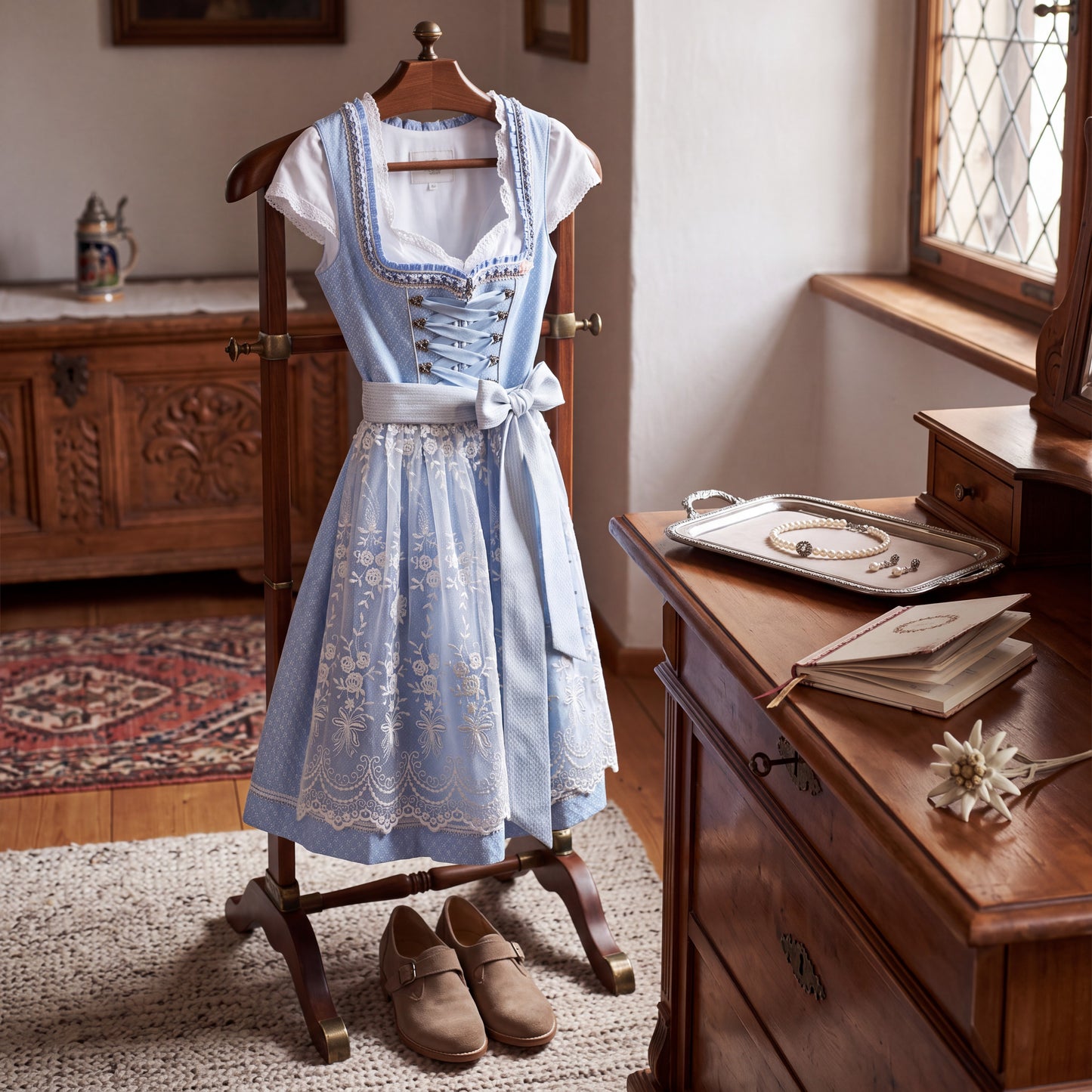 Traditional Dirndl Dress with Adjustable Lacing and Embroidered Details for Women