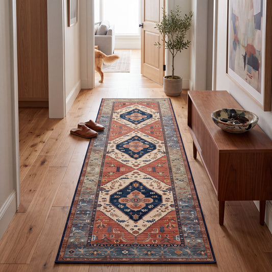 Vintage Pattern Runner with Grip Backing for Hallways and Kitchens