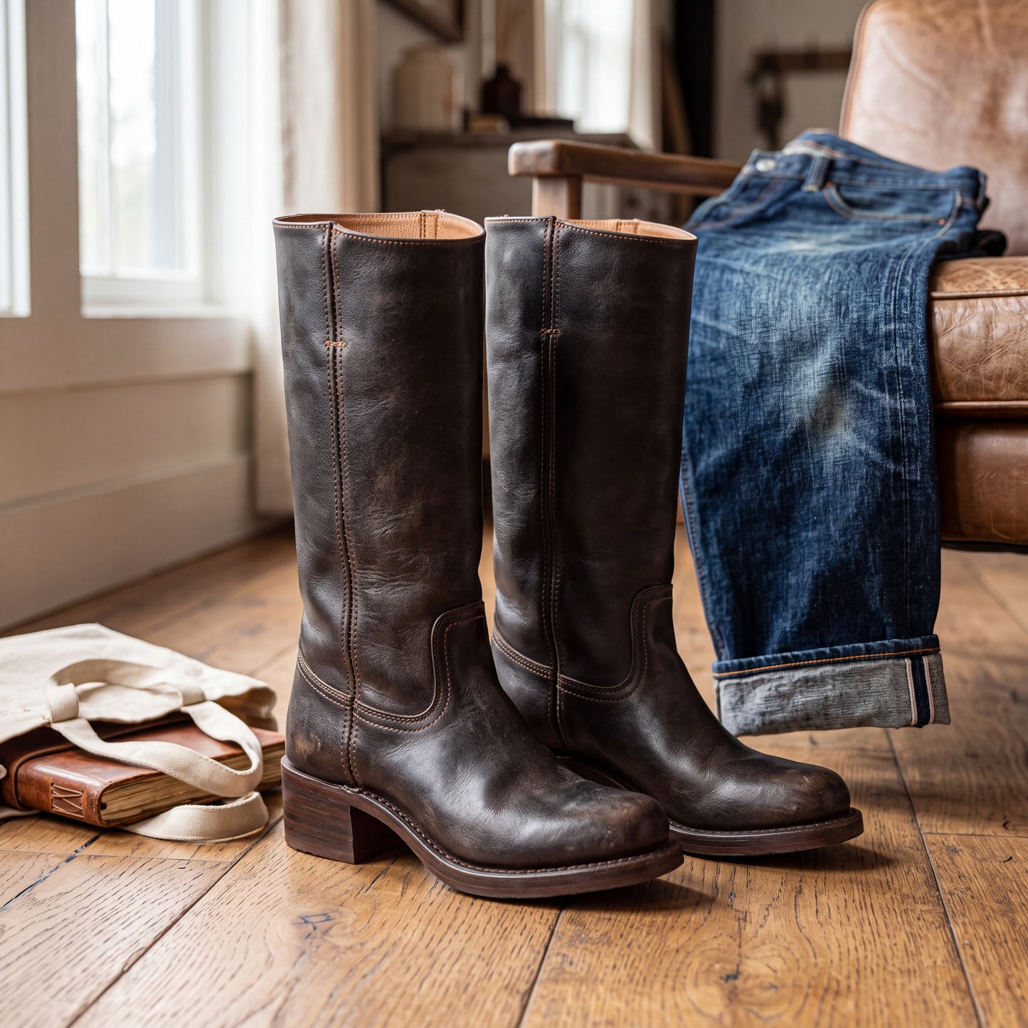 Mid Calf Boots with Block Heel and Closed Toe, Pull On Entry