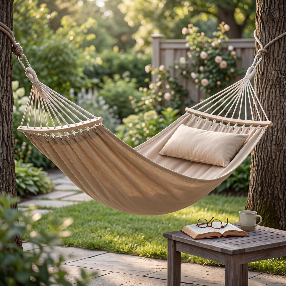 Cotton Canvas Hammock with 22 Strand Suspension Ropes and Carry Bag