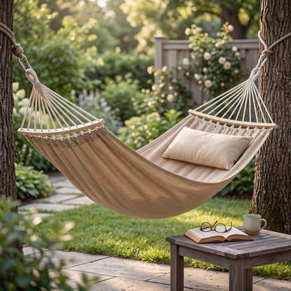 Cotton Canvas Hammock with 22 Strand Suspension Ropes and Carry Bag