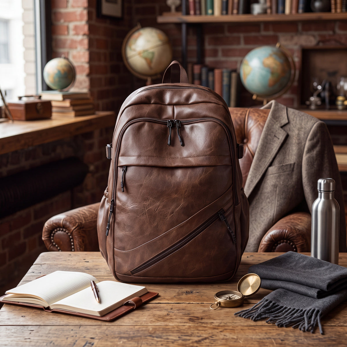 Vintage Leather Backpack with Padded Laptop Sleeve and Front Zip Pockets