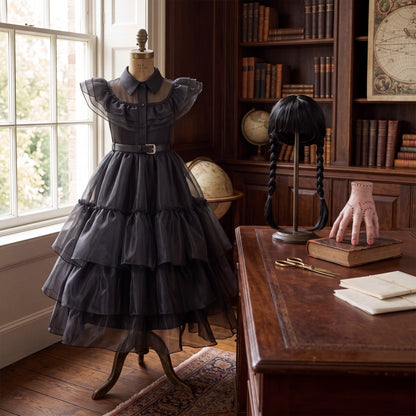 Girls Gothic Layered Cake Gown with Mesh Cutout Details and Mid Calf Length