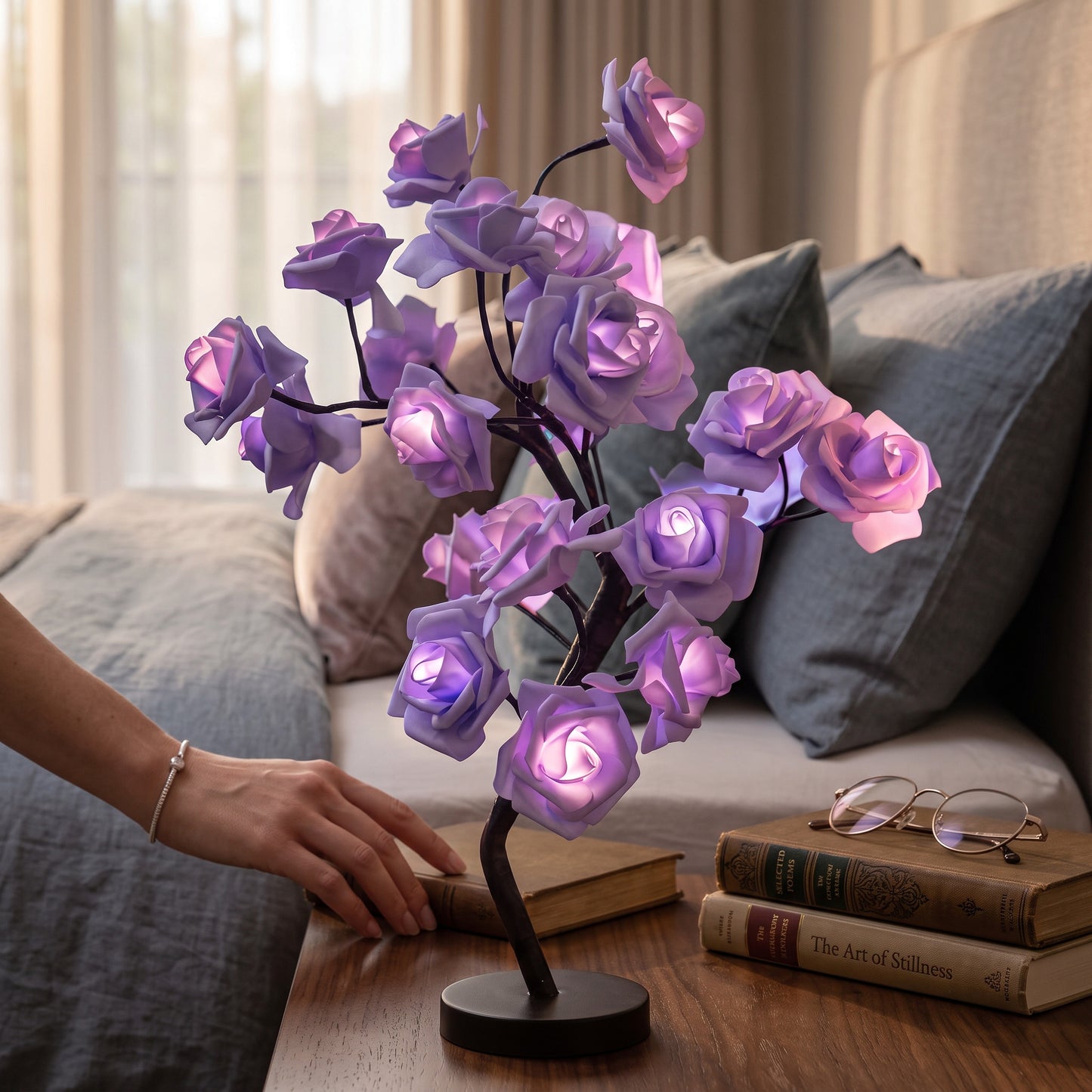 Rose Shaped Table Lamp with LED Warm Glow and Metal Stem, Four Color Options