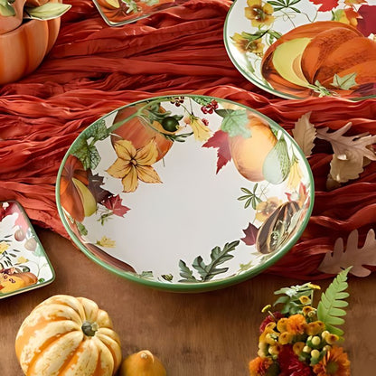Large Ceramic Salad and Pasta Bowl with Fall Pumpkin Print 13 Inch