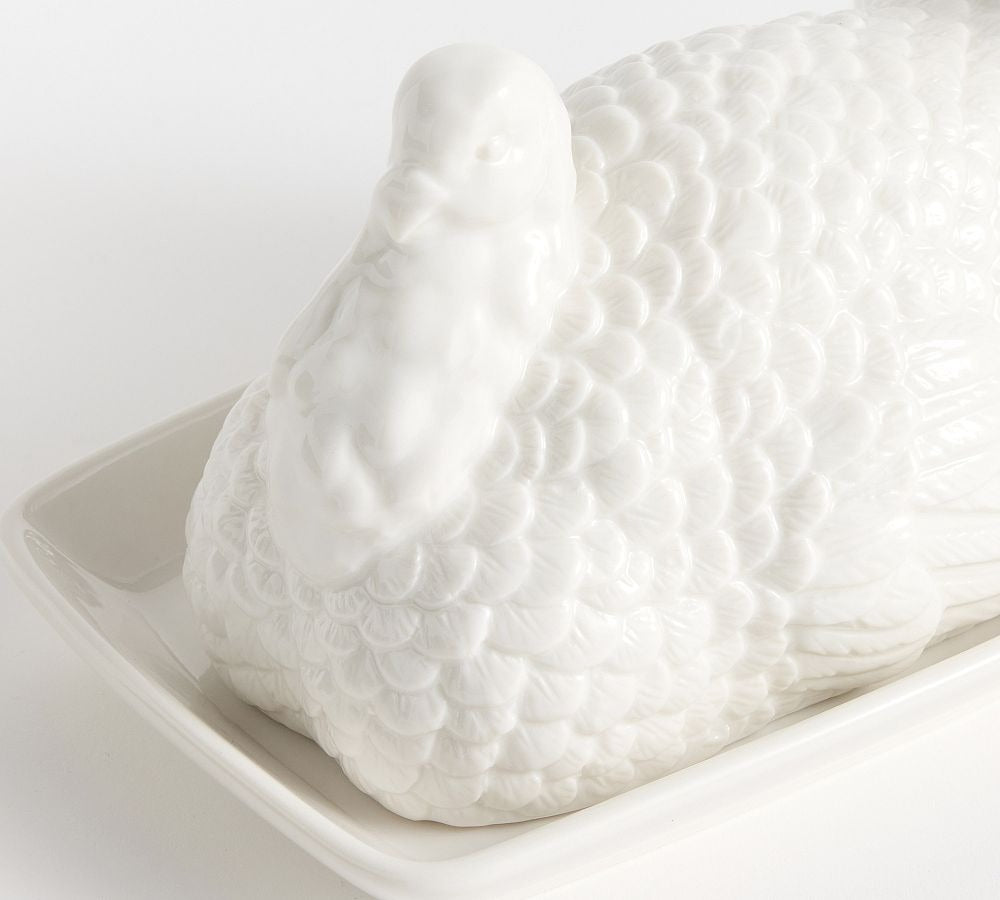 Stoneware Turkey Butter Dish with Matte White Glaze for Dining Table