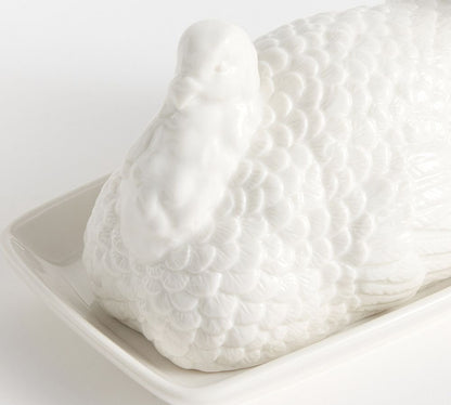 Stoneware Turkey Butter Dish with Matte White Glaze for Dining Table
