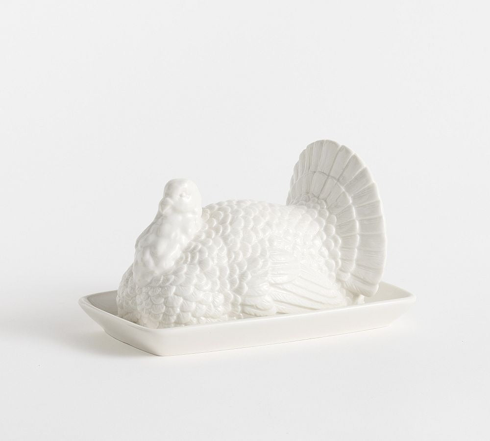 Stoneware Turkey Butter Dish with Matte White Glaze for Dining Table