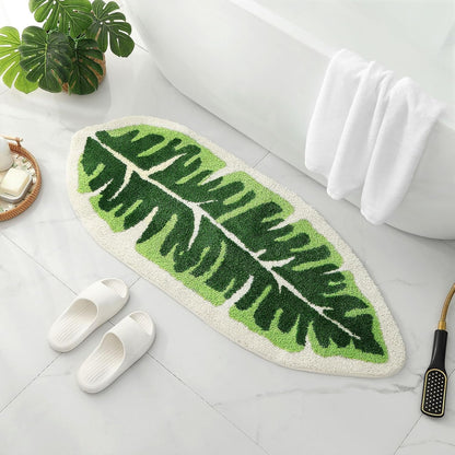 Plush Indoor Mat with Leaf Pattern, Machine Washable